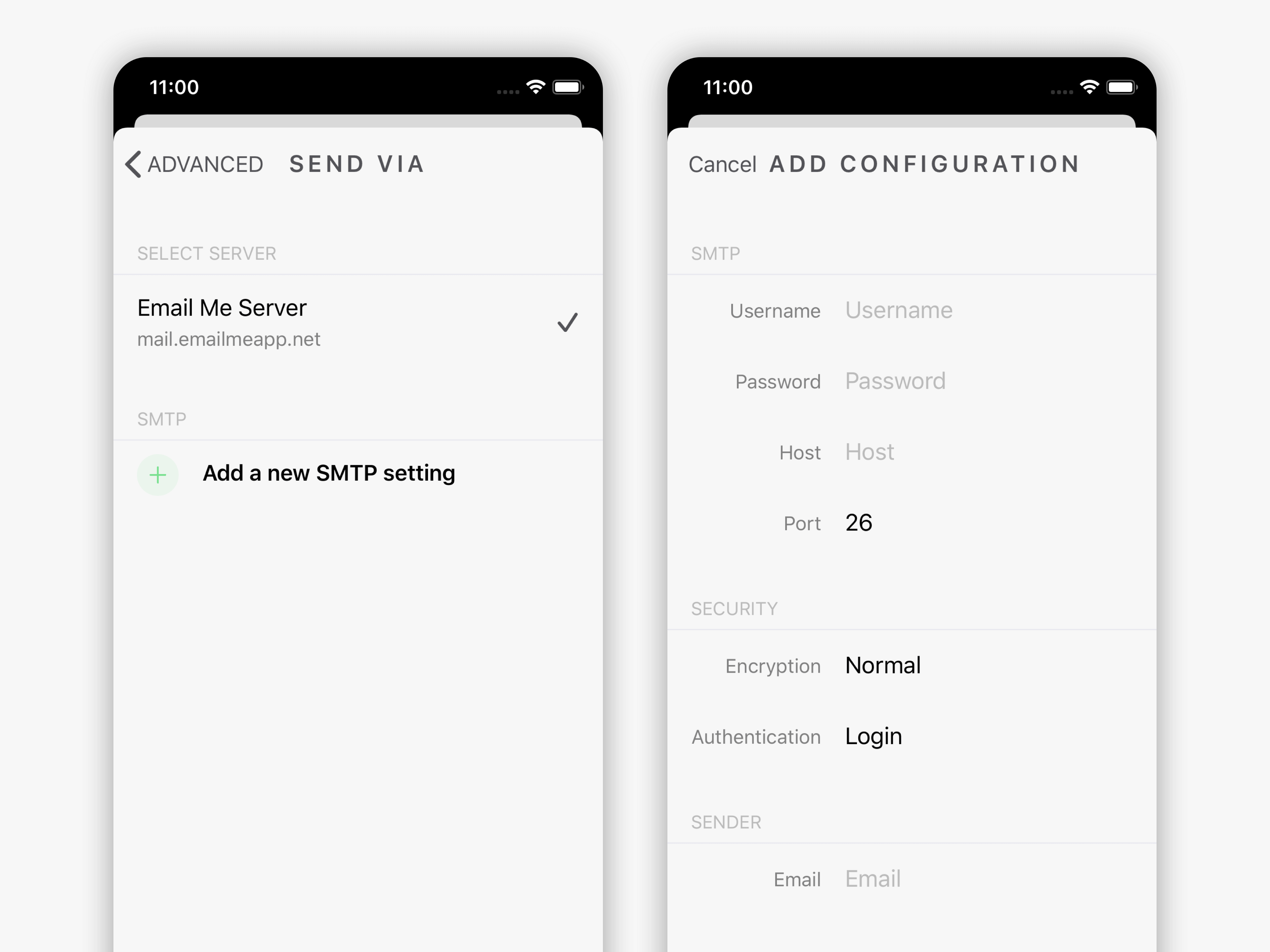 Email Me App SMTP settings detail showing server configuration fields including host port and authentication options Email Me App SMTP settings detail showing server configuration fields including host port and authentication options